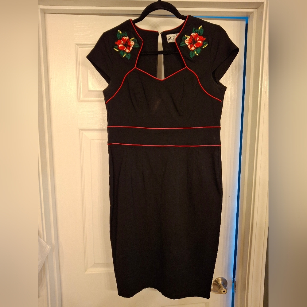 Hell Bunny Black Mini Dress with Red Floral Accents XL